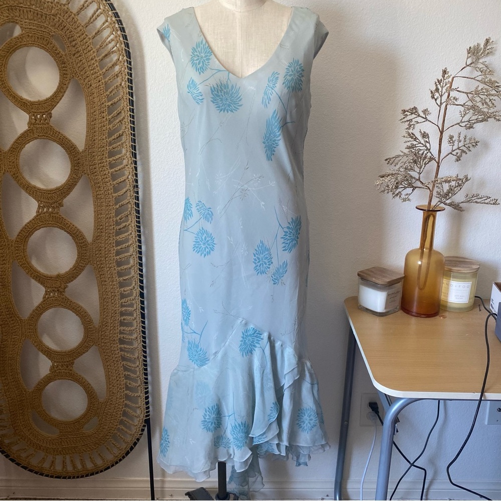 David Warren 100% Silk Baby Blue Florak Asymmetrical Midi Dress